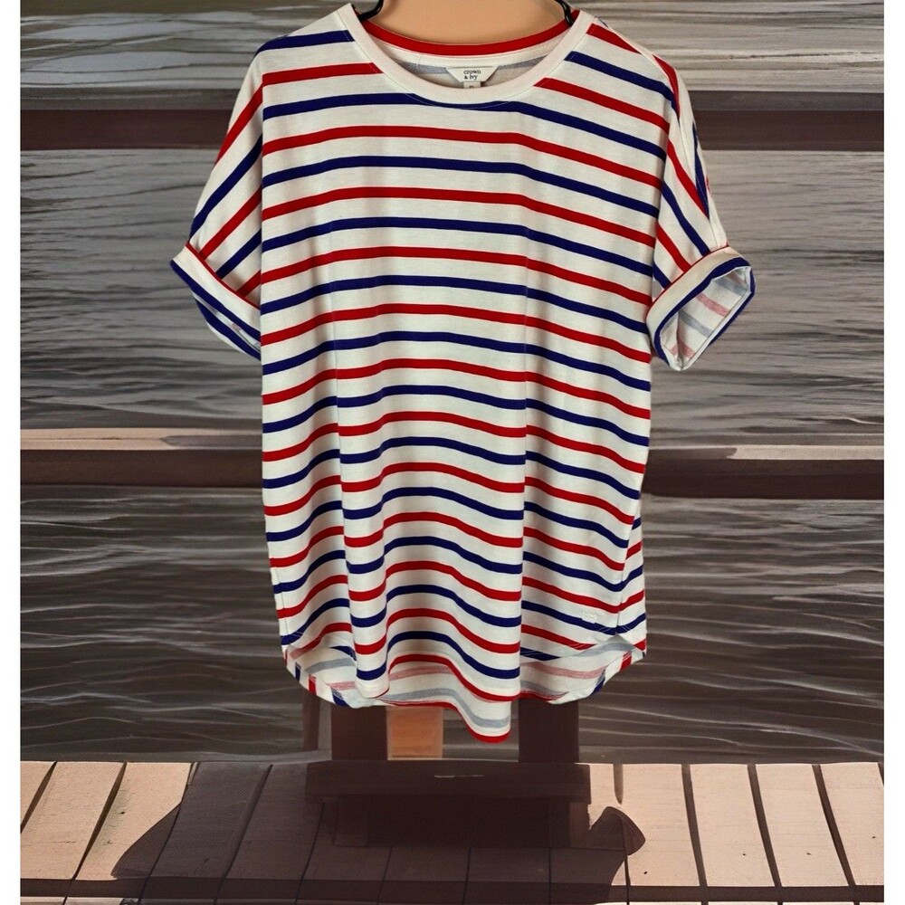 Crown & Ivy Women’s Petite Large Red, White And Blue Short Sleeve Tunic Top